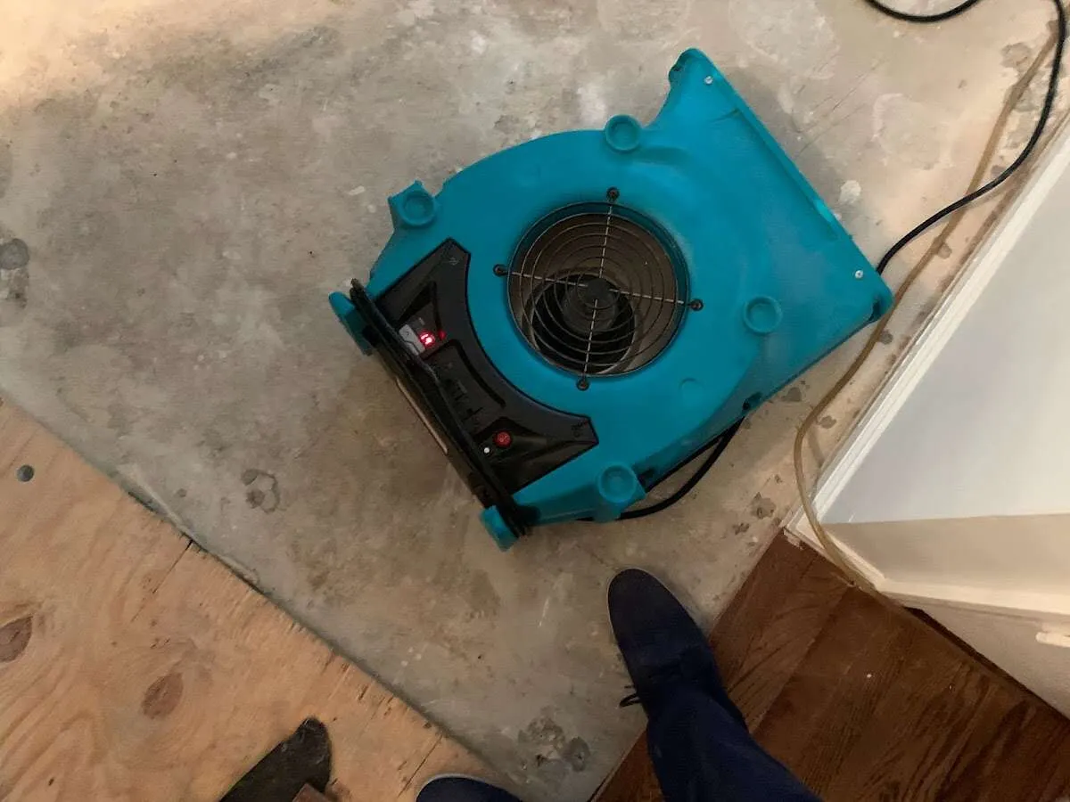 Air mover drying subfloor during Leak Detection & Repair in Circleville